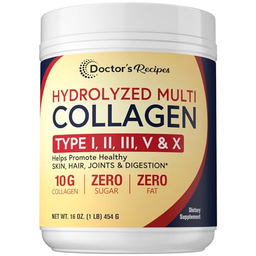 Doctor's Recipes Multi Collagen Protein Powder, 10g, Collagen for Women & Men, Type I II III V X, for Skin, Hair, Nails & Joints, Mixes Well, Easy to Dissolve, Unflavored, Paleo & Keto, 16oz