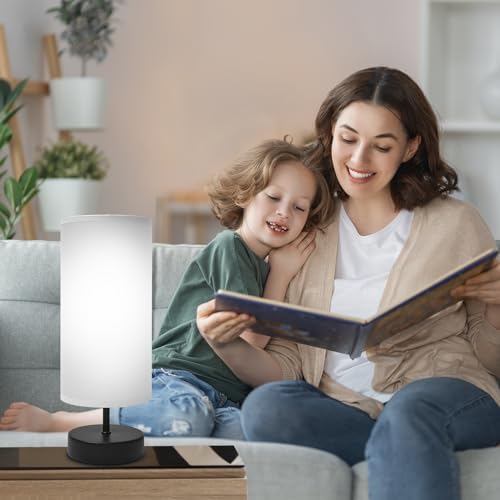 DEGNJU Small Lamp for Bedroom, Bedside Lamps for Night Stands, Mini Minimalist Table Lamp with Round Gray Fabric Shade, 9 Inch Desk Reading Lamp for Dorm Room Living Room Office Room, 2 Pack