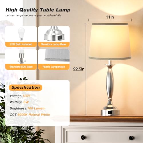 White Gold Lamps for Bedrooms Set of 2 - Touch Control Bedside Lamp with USB C+A, 3 Way Dimmable Nightstand Lamps with USB Port, Table Lamp for Living Room(White Shade and Gold Base)