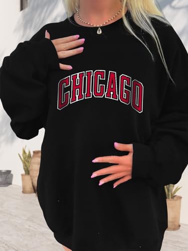 DOOLECK Women's Letter Graphic Print Sweatshirt Cute Chicago Oversized Pullover Crewneck Long Sleeve Tops for Teen Girl