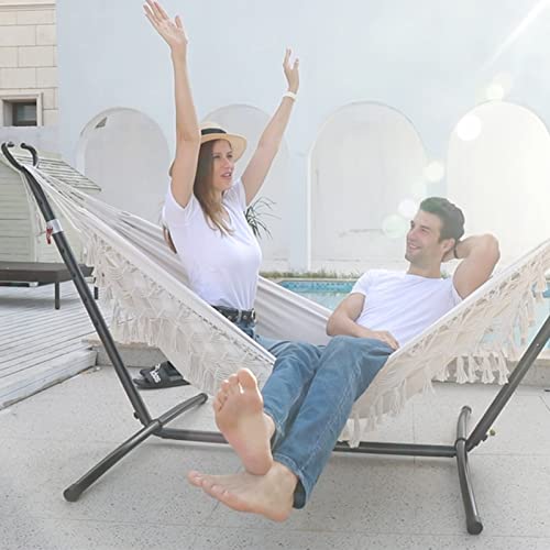 SXSEAGLE Double Hammock with Stand Upgraded Phone Holder Portable Heavy Duty Stainless Steel Indoor Outdoor Patio Yard Beach with Carrying Case （2022 Beige）