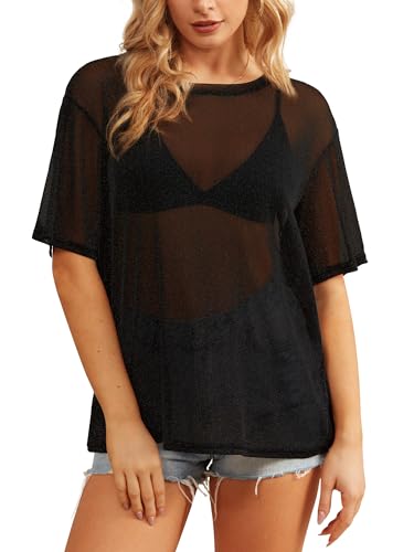 HWOKEFEIYU Women's Summer Short Sleeve Tops See Through Mesh Sheer Sexy T Shirt Blouse(Black,Small)