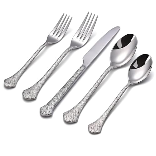 KINGSTONE Premium Silverware Sets, 18/10 Stainless Steel Flatware Set，20-Piece Cutlery with Tin Flow Handles, Dishwasher Safe