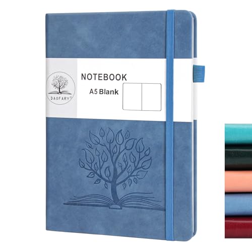 Daofary A5 Journal Notebook, Leather Blank Notebooks 160 Pages Diary 100gsm Thick Paper Writing Hardcover Notebook with Pocket for Work Men Woman 8.4 x 5.7 in (1 Pack-Blank, Blue)