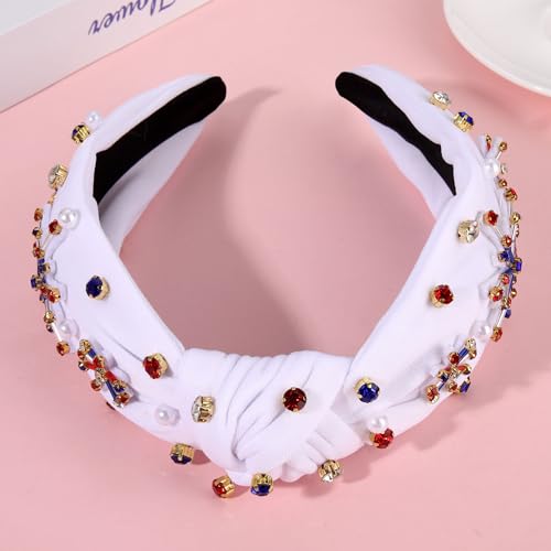 ZOLEAROPY 4 th of July Knotted Headband Celebration American Flag Fireworks Knot Hairband Pearl Rhinestone Jeweled Wide Patriotic Head Band USA Independence Day Headband