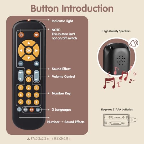 Nueplay Baby TV Remote Control Toy with Light and Sound, Toddler Realistic Controller with 3 Languages, Early Educational Learning Musical Toys, Preschool Infant Boys Girls 6, 12, 18 Months, Black