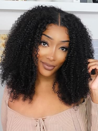 Domiso Glueless10x7 M-Cap Max Part HD Lace Pre Cut Afro Kinky Curly Wig Human Hair Knots Bleached Glueless Wigs Human Hair Pre Plucked Pre Cut Lace Wig Glueless Wigs Big Fluffy Curl 16 Inch