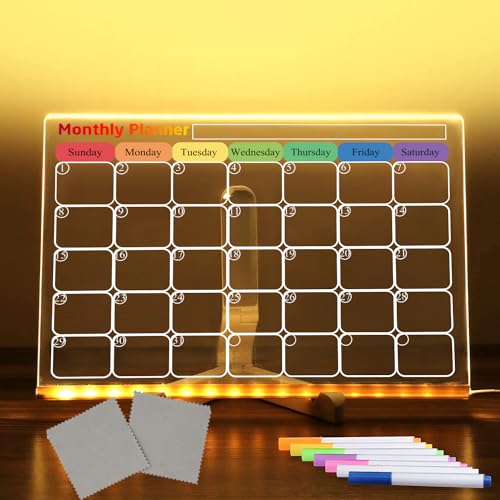 ifreeside Acrylic Dry Erase Board Calendar with Light 11.8 x 7.9inch Acrylic Led Dry Erase Board Dry Erase Calendar Clear Board with Colorful Lights Monthly & Weekly Planner（Monthly Planner）