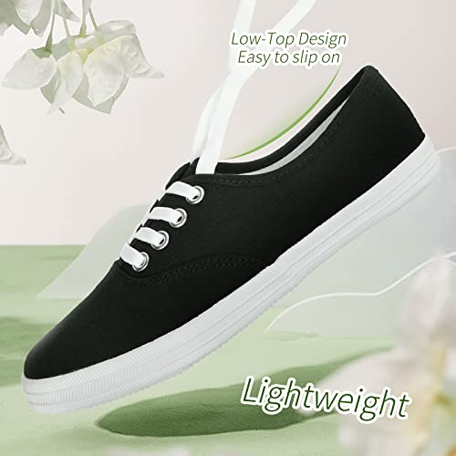 Womens White Canvas Sneakers Low Top Lace-up Canvas Shoes Lightweight Casual Tennis Shoes(Black.US6)