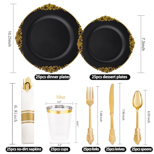 Hioasis 175pcs Black and Gold Plastic Plates - Black Gold Disposable Plates Include 25 10.25” Dinner Plates,25 7.5” Dessert Plates,25 Knives,25 Forks,25 Spoons,25 Napkins for Wedding & Party Halloween