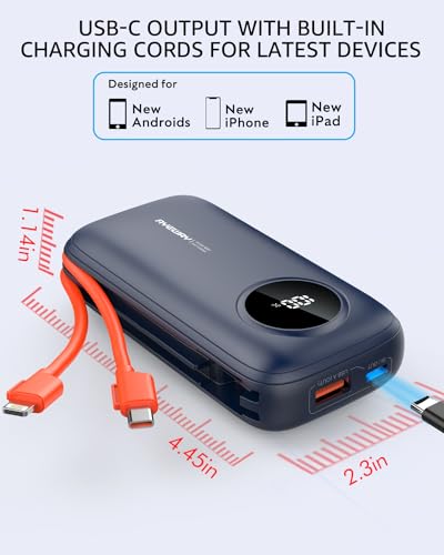 AYEWAY 10,000mAh Mini Portable Charger with Built-in Cable,USB C Fast Charging Power Bank with 4 outputs,External Battery Pack Phone Charger for iPhone,Samsung,Android,5V USB Heated Vest,Heated Jacket