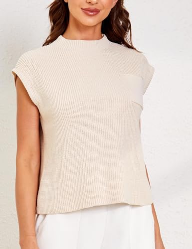 UANEO Sweater Vest Women Mock Neck Casual Cropped Knit Pullover Cap Sleeve Sweater for Women Top Spring(Apricot-S)