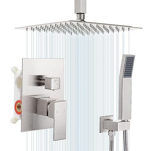 HGN 10 Inch Ceiling Mount Shower Faucet Set Square Showerhead Bathroom Rainfall Shower System SUS304 Stainless Steel Shower Trim Kit (Brush Nickel)