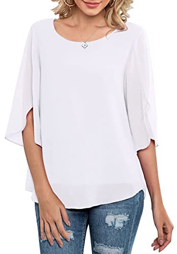 Neineiwu Women's Casual Chiffon Blouse Tops Half Ruffle Split Sleeve Shirt (White Leaves/Red M)