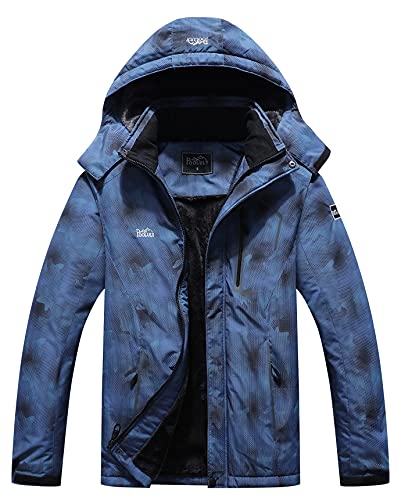 Pooluly Men's Ski Jacket Warm Winter Waterproof Windbreaker Hooded Raincoat Snowboarding Jackets Blue Camo-S