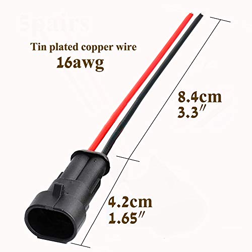 QOFOWIN 2 Pin Connector Waterproof,2Pin Way Car Electrical Connector with Wire 16AWG Marine for Car,Truck,Boat,Motorcycle and Other Wire Connections. (5pairs))