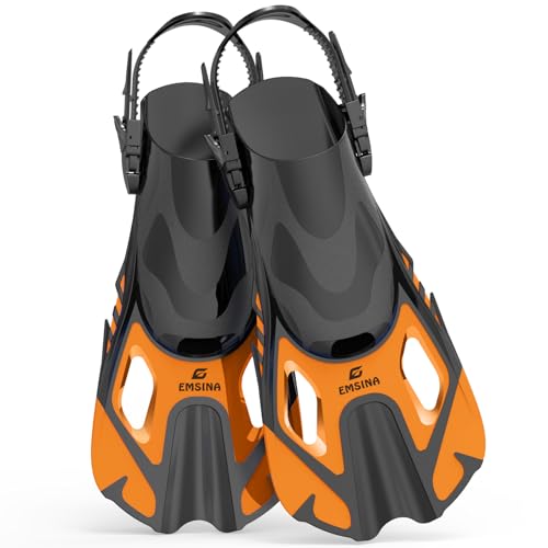 EMSINA Snorkel Fins Adjustable Buckles Open Heel Swim Flippers Travel Size Short Swim Fins for Snorkeling Diving Swimming Adult Men Womens & Kids(ApricoCS/M)