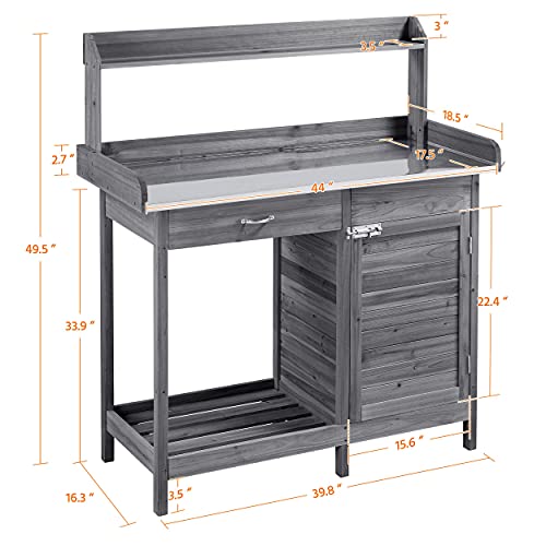 Yaheetech Outdoor Potting Bench Table, Garden Workstation w/Metal Tabletop/Cabinet Drawer/Open Top/Lower Shelf/Handy Hooks for Horticulture,Gray