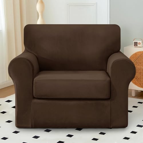 vctops 3 Pieces Velvet Stretch Armchair Sofa Cover for 1 Seater Couch Soft Washable Sofa Slipcover with Individual Backrest and Cushion Cover for Kids Cats Dogs (Dark Coffee,1 Seat)