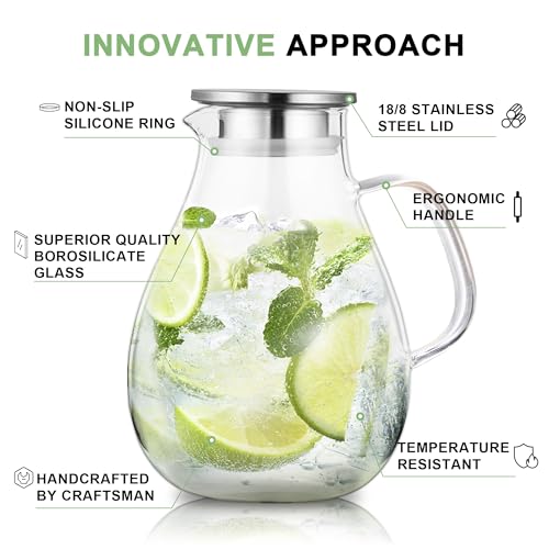 SUSTEAS Glass Pitcher，1.5liter Glass Pitcher With Lid, Carafes and Pitchers, Iced Tea Pitcher, Water Carafe With Handle, Heat Resistant Borosilicate Glass Jug, Beverage Pitcher, Milk Jug With Brush
