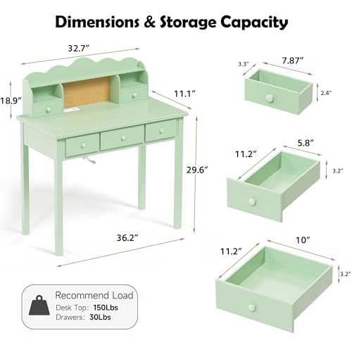 FUNKOCO Home Office Furniture Writing Desk, 36 Inch Computer Work Station with Detachable Hutch for Small Place, 5 Drawers(Candy Green)