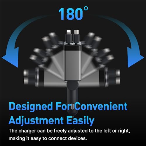 Retractable Car Charger, 4 in 1 Fast Car Phone Adapter 66W, Retractable Cables and USB Car Charger,Compatible with iPhone 15/14/13/12/11/10,iPad,Galaxy and Multiple Devices,Pixel (Grey)