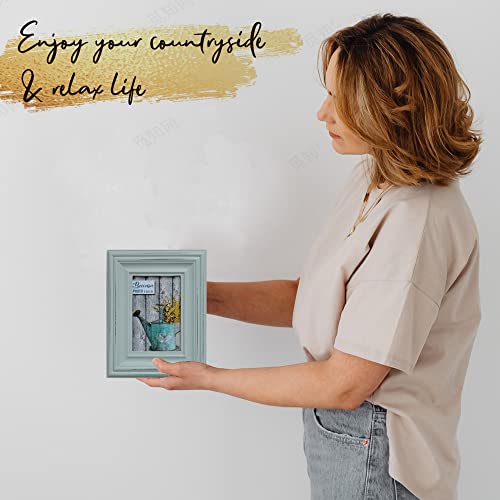 Buecasa Rustic 3.5x5 Inches Wooden Picture Frame Pack of 2 Vintage Cyan and White in Gift Box - Distressed Wood High Definition Glass Photo Frame Outside 6.1x7.7 Inches - 2 Way Display Tabletop or