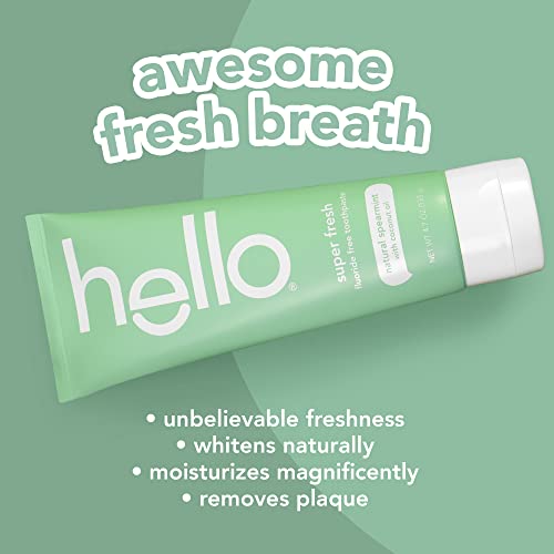 Hello Super Fresh Whitening Toothpaste, Fluoride Free Toothpaste with Natural Spearmint and Coconut Oil, Vegan, No Peroxide, No Fluoride, No Dyes, Gluten Free, BPA Free, 3 Pack, 4.7 OZ Tubes