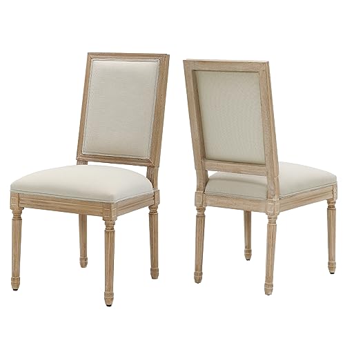 Farmhouse Dining Chairs Set of 2 French Country Kitchen Chairs with Rectangular Back and Solid Wood Legs, Upholstered Rectangular Side Chairs for Dining Room Living Room Kitche (Beige)
