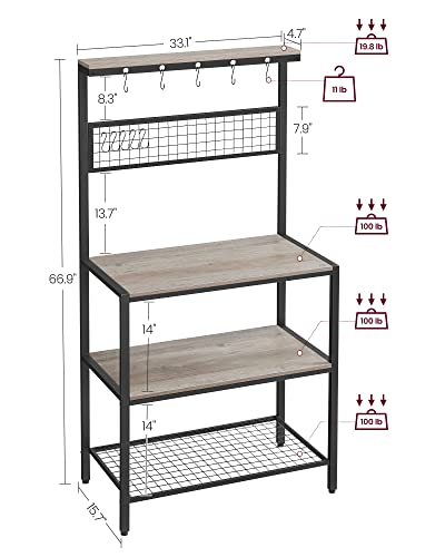 VASAGLE Bakers Rack, Coffee Bar, Kitchen Storage Shelf Rack with 10 Hooks, 3 Shelves, Adjustable Feet, for Microwave Oven, 15.7 x 33.1 x 66.9 Inches, Industrial, Greige and Black UKKS017B02