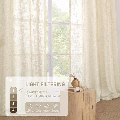 LAMIT Grey Linen Curtains 95 inch for Living Room, Semi Sheer Light Filtering Boho Window Textured Burlap Drapes with Bronze Grommet for Bedroom Farmhouse, 2 Panels Set, 52 x 95 Inch