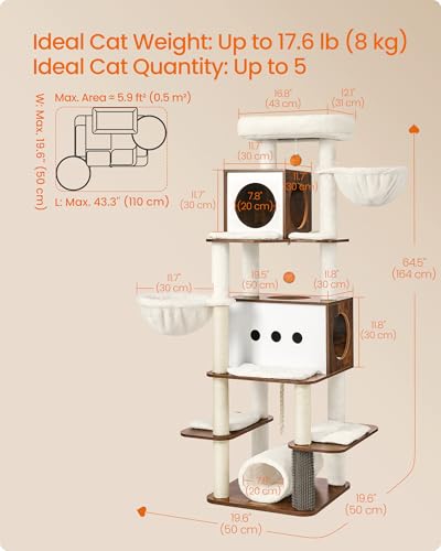 Feandrea Cat Tree, 64.5-Inch Tall Modern Cat Tower for Large Indoor Cats, Multi-Level Cat Condo with 2 Caves, 2 Hammocks, 4 Scratching Posts, Self-Groomer, Tunnel, Perch, Rustic Brown UPCT167K01