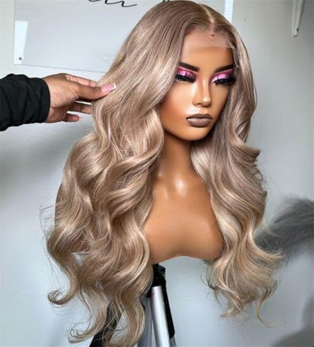Rina 200% Density Milk Tea Ash Blonde Lace Front Wig Human Hair Upgrades Body Wave Platinum Grey Balayage Lace Front Wig More Full and Thicker 13x4 HD Invisible Frontal Wig for Women 18 Inch