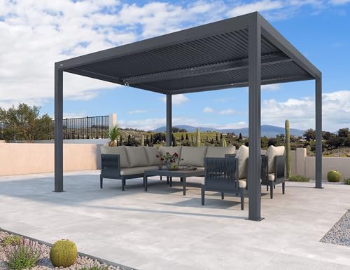 PURPLE LEAF Louvered Pergola 94AS 12' x 20' Outdoor Aluminum Pergola with Fixed Shutter Wall Adjustable Roof for Deck Backyard Grey Hardtop Gazebo, 1 Short Side