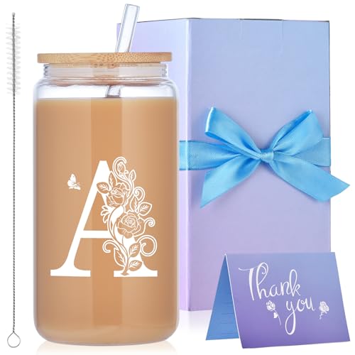 MAFYE Initial Glass Cups with Lids and Straws, Monogrammed Present for Women, 16oz Beer Glass Tumbler, Iced Coffee Mug, Personalized Present with Box and Card. Women's Day Birthday Present for Her