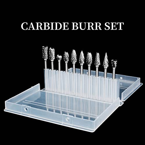 Carbide Burr Set, Die Grinder Bits, 10 PCS 1/8" Shank Double Cut Tungsten Carbide Rotary Burrs Set Compatible with Dremel Bits for Metal Wood Carving Engraving Polishing