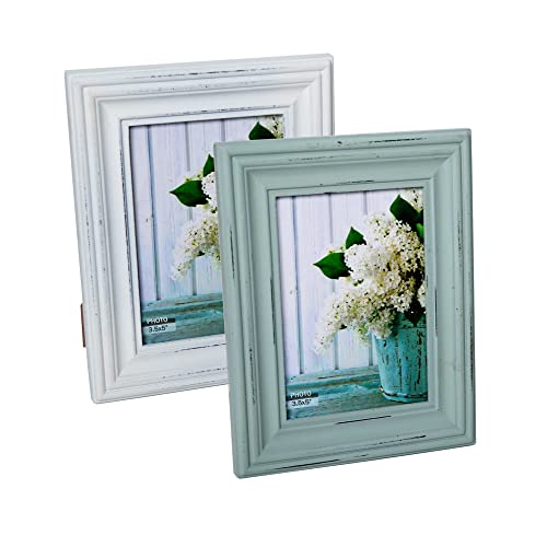Buecasa Rustic 3.5x5 Inches Wooden Picture Frame Pack of 2 Vintage Cyan and White in Gift Box - Distressed Wood High Definition Glass Photo Frame Outside 6.1x7.7 Inches - 2 Way Display Tabletop or