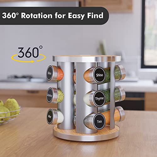 New England Stories Revolving Spice Rack Set with 20 Spice Jars, Kitchen Spice Tower Organizer for Countertop or Cabinet - Carousel Storage Includes 386 Spice Labels (Bamboo)