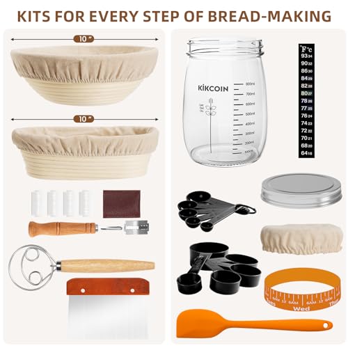 Sourdough Bread Baking Supplies, Complete Sourdough Starter Kit Banneton Bread Proofing Basket Set Includes 35oz Sourdough Starter Jar, Kikcoin