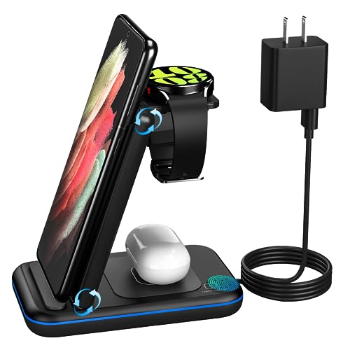 Wireless Charger for Samsung/Android, HOLYJOY Foldable 3 in 1 Fast Charging Station/Stand/Multi Charger for Samsung S24/S23/S22/Note 20, Travel Pad for Galaxy Watch 7/6/5/4/Active 2, for Buds(Black)