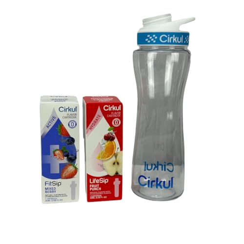 Cirkul 22oz. BPA-Free Plastic Water Bottle Starter Kit with Blue Lid, 2 Flavor Cartridges (1 LifeSip Fruit Punch, 1 FitSip Mixed Berry) Zero Calories and No Sugar