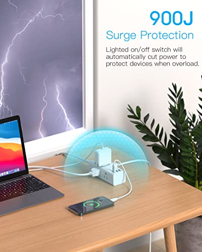 Power Strip Surge Protector - 6 Widely Outlets with 3 USB Ports(1 USB C), 3 Sided Outlet Extender, Flat Plug Extension Cord, Wall Mount Small Power Strip for Home Office Travel College Dorm Room