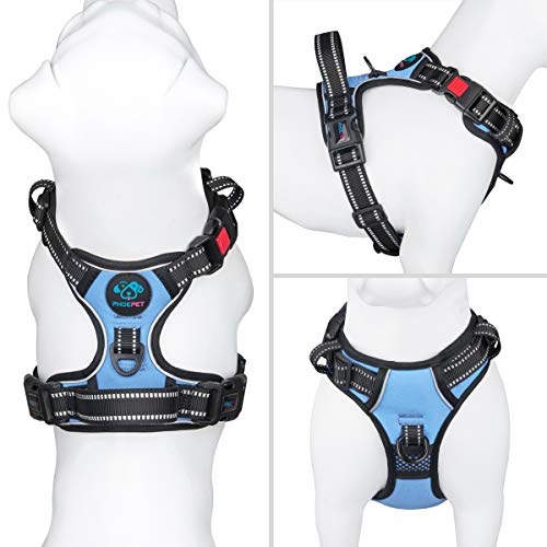 PHOEPET No Pull Dog Harness Reflective Adjustable Vest with a Training Handle, Name ID Pocket, 2 Metal Leash Hooks, 3 Snap Buckles [Easy to Put on & Take Off](S, Baby Blue)