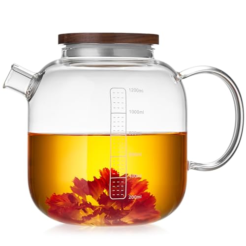 Glass Teapot with Infuser and Lid 40.6 fl oz, Stovetop Gas Safe, Thickened Heat Resistant Borosilicate Glass Tea Kettle