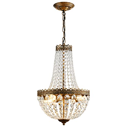 KAIQI 4 Lights French Empire Mini Crystal Chandelier Farmhouse Pendant Lighting, Bronze Finish Ceiling Light Fixture for Dining Room Bedroom Foyer Living Room, D12.6inch x H19.7inch