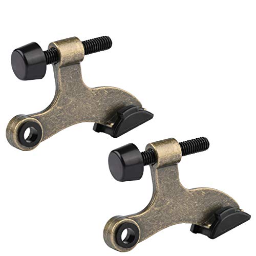 HOMOTEK 2 Pack Hinge Pin Antique Brass Door Stopper, Adjustable Deluxe Heavy Duty Door Stopper 2-1/2"x1-3/4”, with Black Rubber Bumper Tips