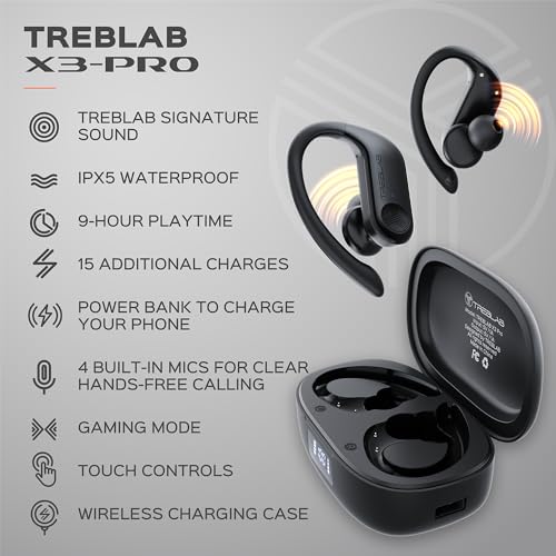 TREBLAB X3 Pro True Wireless Earbuds - Wireless Bluetooth 5.3 145H Playtime Sports Earbuds with Earhook, Earphones for Phone