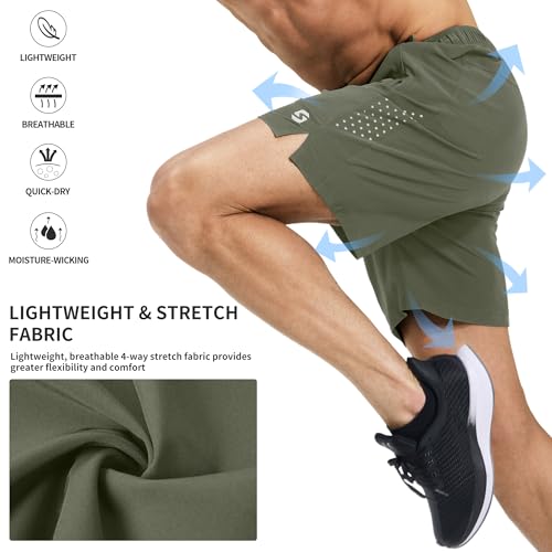 S Spowind Men’s Running Athletic Shorts 7 Inch Quick Dry Lightweight Workout Gym Tennis Shorts 3 Zipper Pockets Army Green