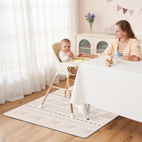Innokids Baby Splat Mat for Under High Chair 51 x 51 Inch Waterproof and Washable Splash Mat Anti-Slip Floor Protector Under Highchair Mess Prevention (51" x 51", Beige Geometry)
