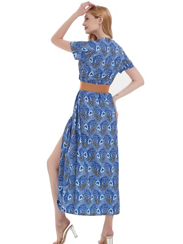 MessBebe Womens 2024 Summer Floral Maxi Dress Wrap V Neck Short Sleeve Beach Party Flowy Long Boho Dresses with Belt Blue